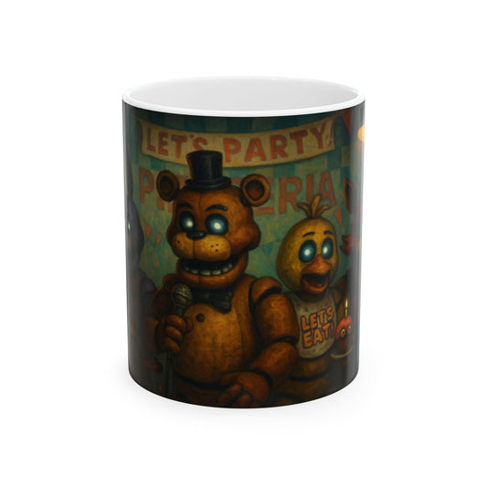 Fun Character Mug with Party Theme, Gift for Gamers, FNAF Lovers, Unique Coffee Cup, Kids Birthday Gift, Collectible Merchandise  Digital Art
