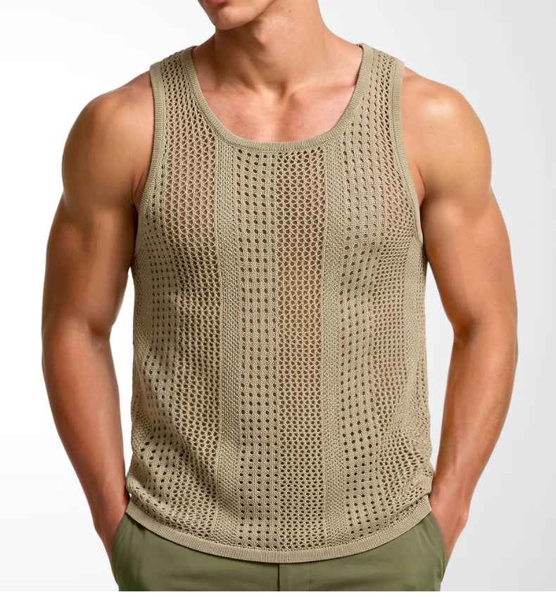 New Summer Men's Sleeveless Knit Hollow-out Deep U-Neck Casual Tank Top