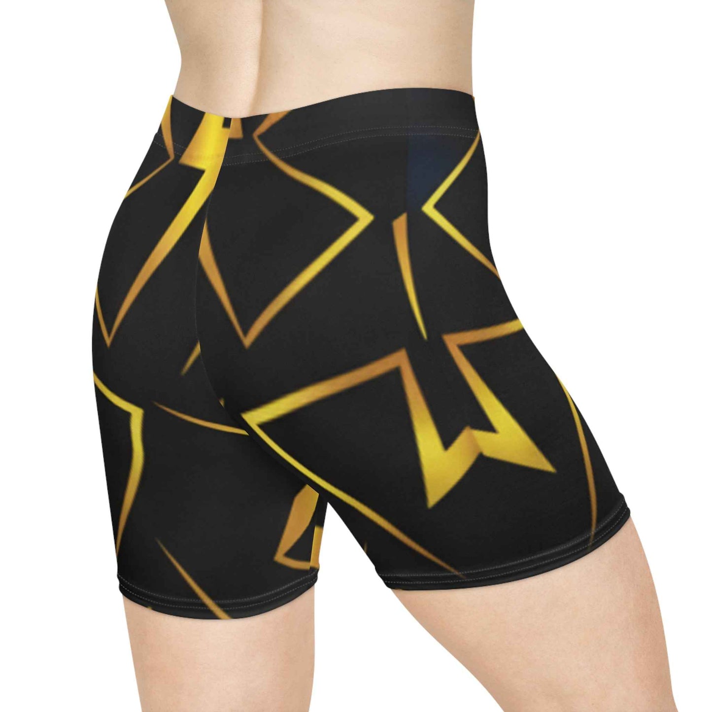 Gold Geometric Biker Shorts — Women's Metallic Triangle Pattern