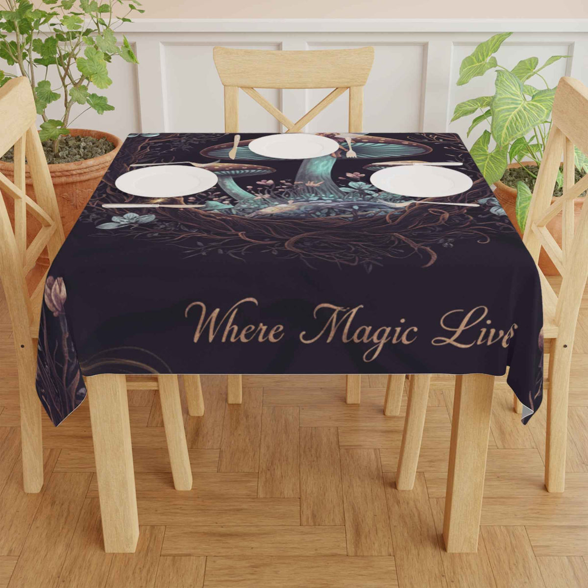 Magical Fairy Mushroom Tablecloth — "Where Magic Lives" Fantasy Woodland Table Cover
