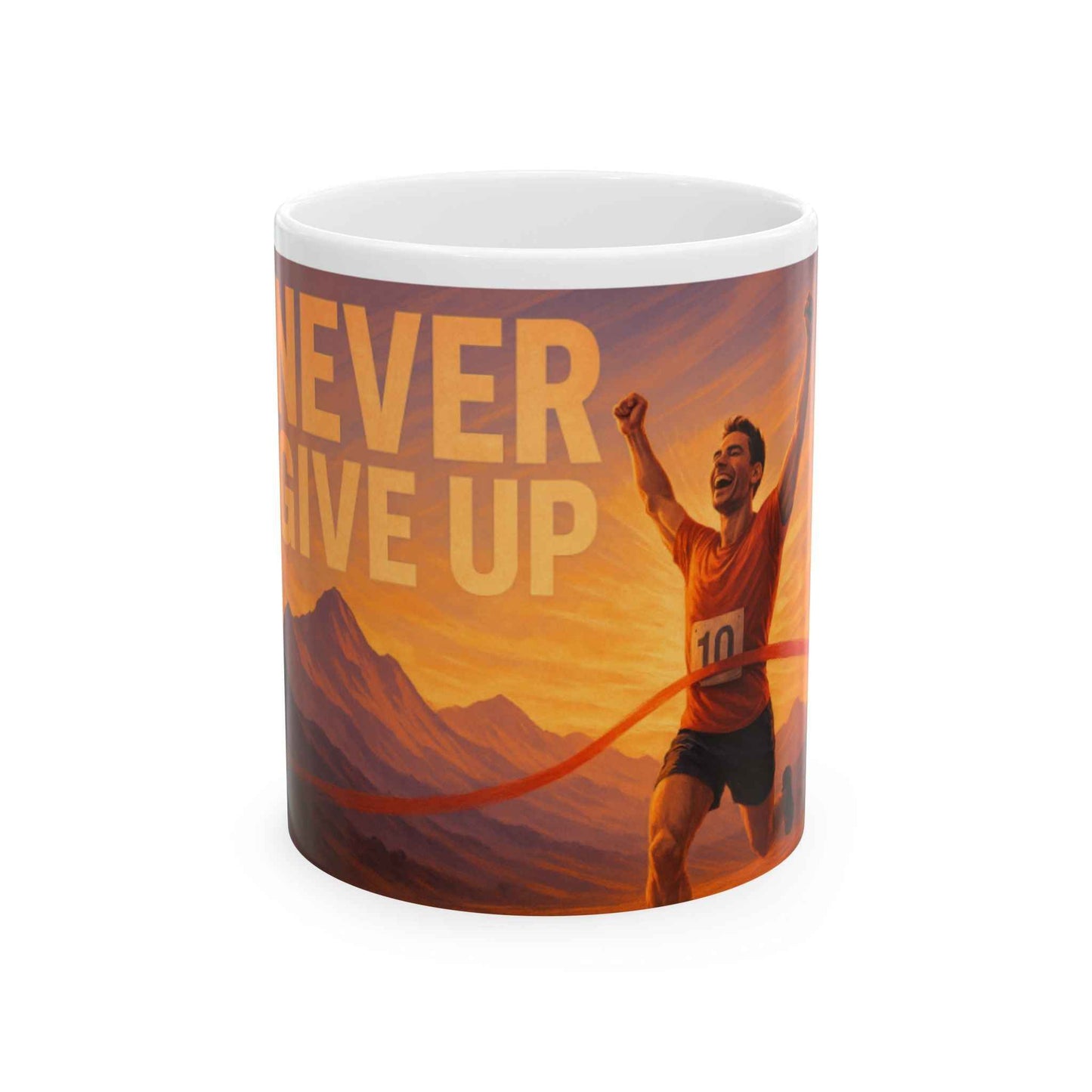 Inspirational Runner Ceramic Mug - Never Give Up, Motivational Coffee Cup, Gift for Athletes, Sports Enthusiasts, Office Decor