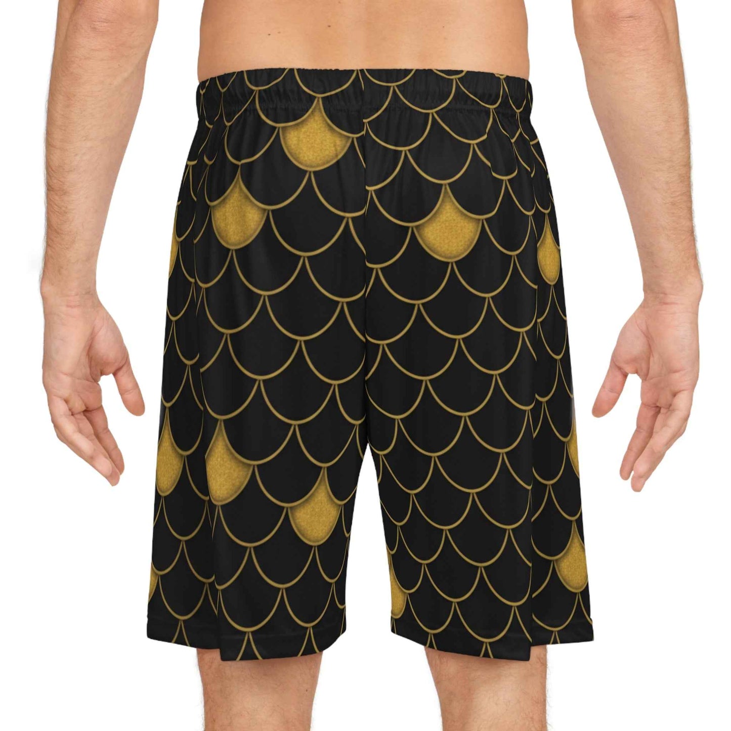 Gold Scale Pattern Basketball Shorts — Black & Metallic All-Over Print