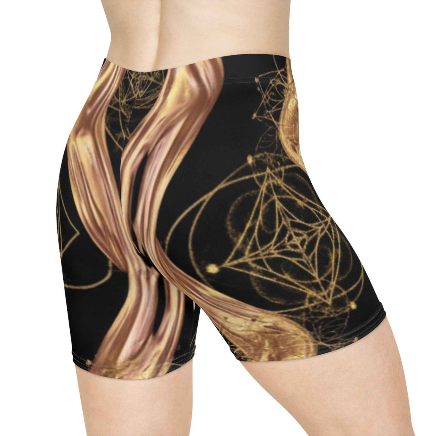 Gold Swirl Yoga Biker Shorts — Metallic Geometric Activewear