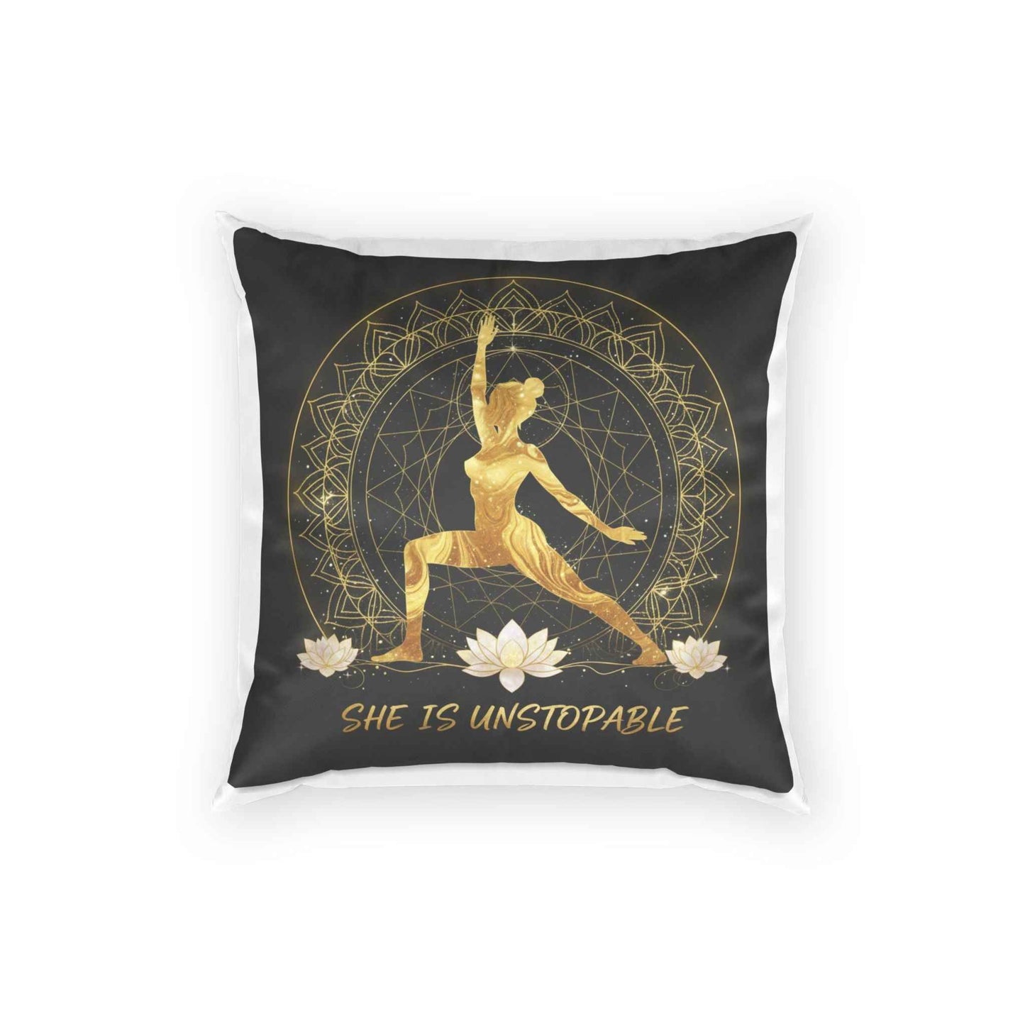 She Is Unstoppable Gold Yoga Pose Velvet Pillow — Inspirational Decorative Throw Pillow