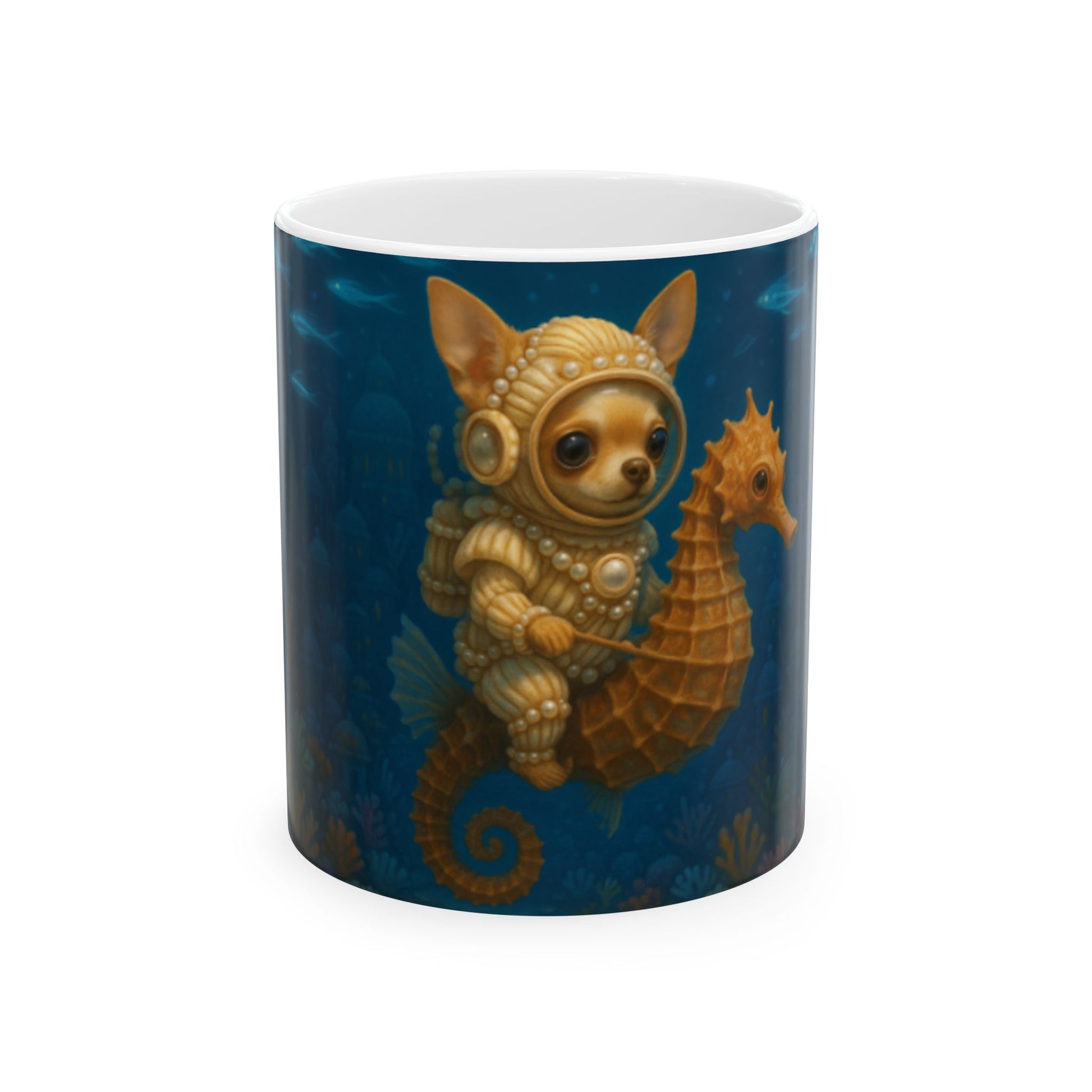 Underwater Adventure Ceramic Mug with Cute Astronaut Dog, Nautical Coffee Cup, Ocean Lovers Gift, Unique Tea Mug, Sea Life Decor  Digital Art
