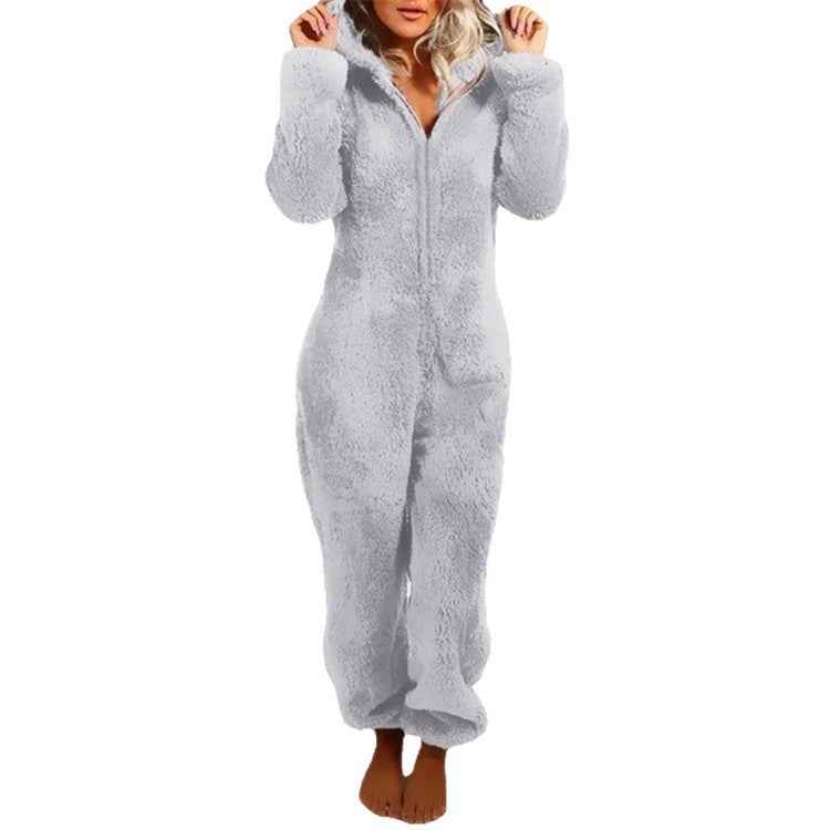 Fleece-lined Thickened Furry Jumpsuit Hooded Pajamas