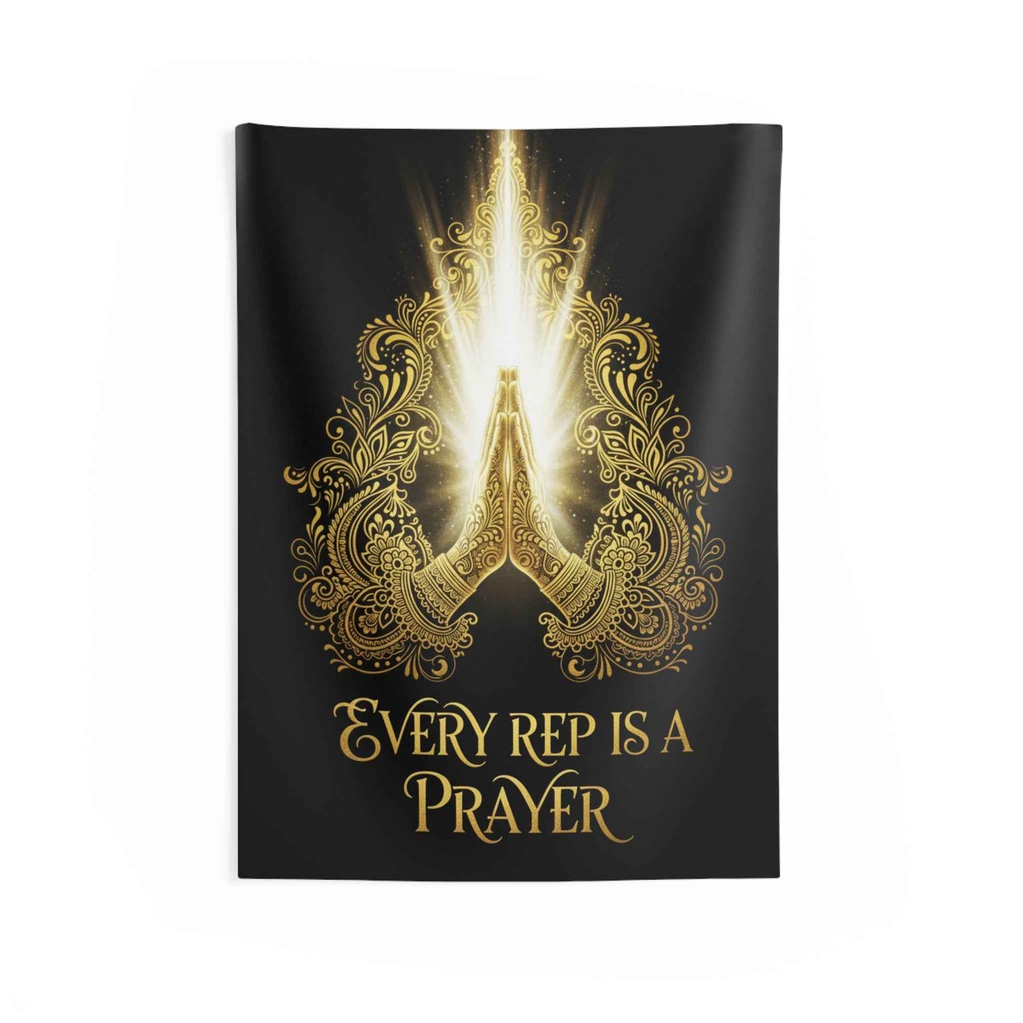Prayer Hands Tapestry — "Every Rep Is a Prayer" Inspirational Gym Wall Art