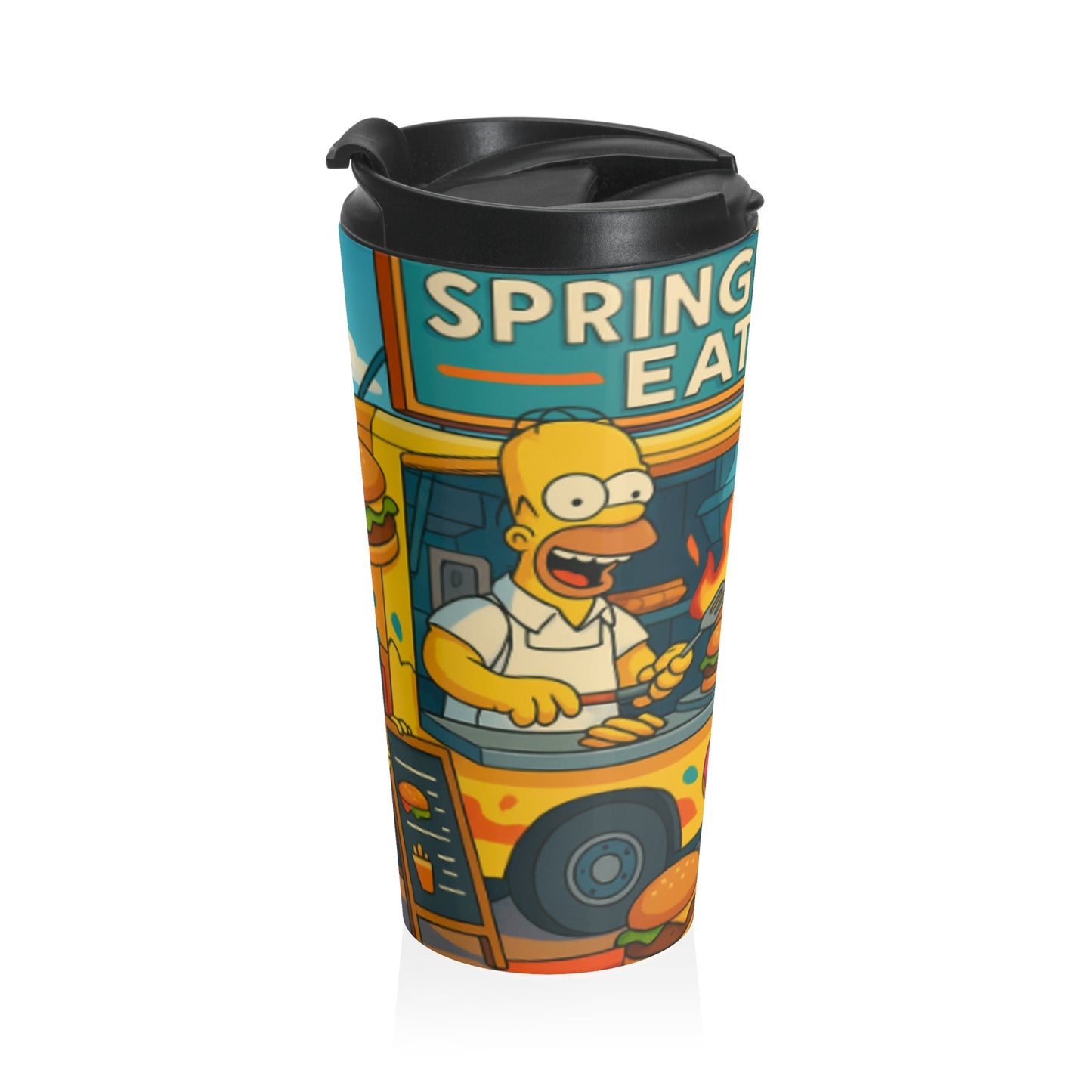 Funny Cartoon Travel Mug, Stainless Steel Coffee Tumbler, Gift for Simpsons Fans, Food Truck Lovers, Travel Coffee Cup