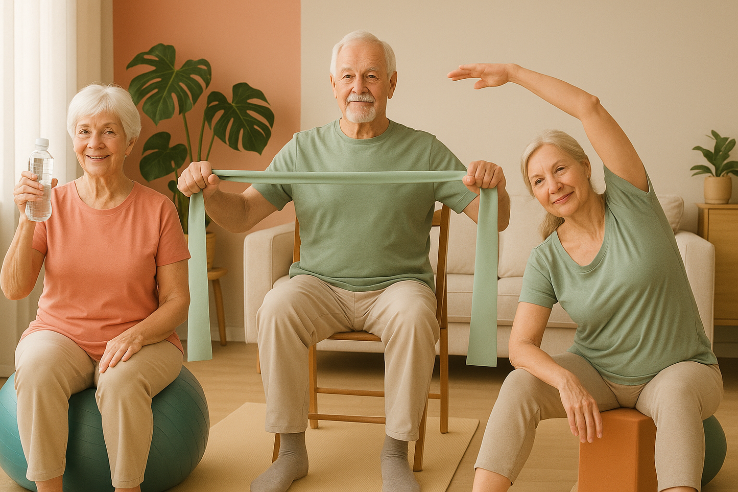 Alternative senior fitness image with resistance band workouts, gentle stretching, and warm encouraging colors