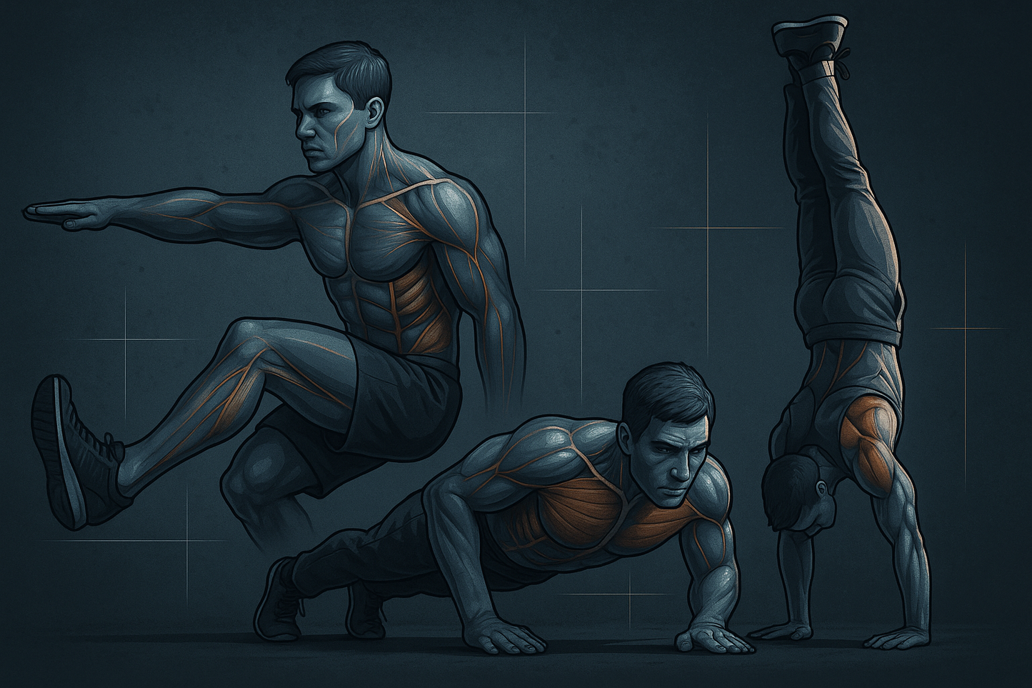 Alternative strength training image with advanced bodyweight exercises, form demonstrations, and metallic colors
