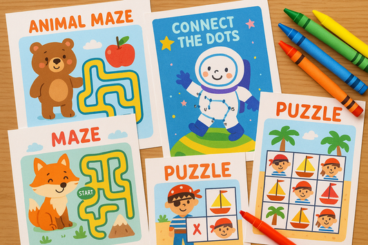 Close-up of colorful printable activity sheets with mazes, connect-the-dots, and puzzles featuring cartoon characters and adventure themes
