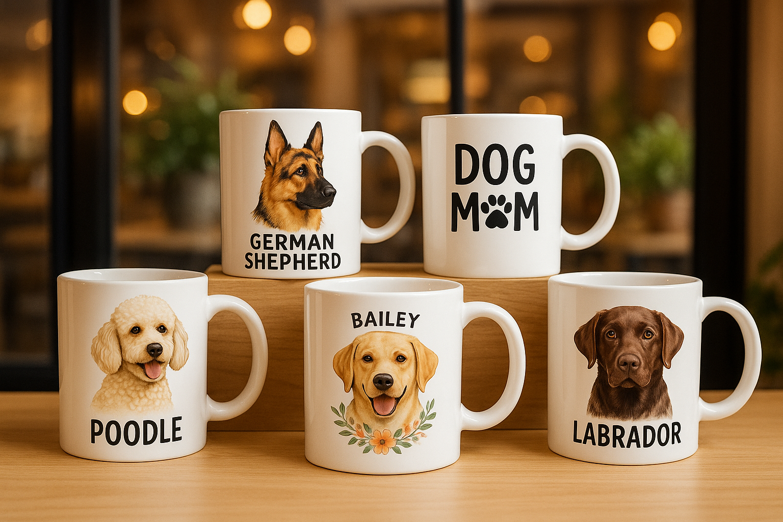 Coffee mug storefront display featuring dog-themed and custom designs