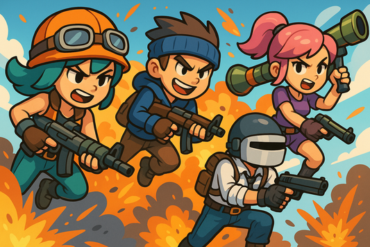 Digital art featuring original cartoon-style battle royale game characters, colorful and vibrant character designs with unique outfits and accessories, dynamic action poses, gaming-inspired aesthetic with bright colors and bold outlines, suitable for commercial store use
