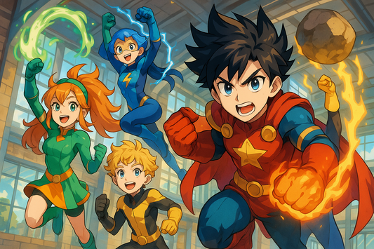 Digital art featuring original superhero academy characters in anime/manga style, colorful hero costumes and unique superpowers, dynamic action poses, bright vibrant colors with heroic themes, young heroes in training academy setting, suitable for commercial store use