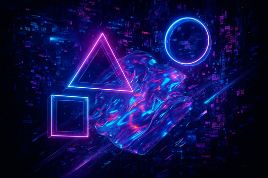 Digital art featuring virtual unique art - abstract cyberpunk composition with neon geometric shapes, holographic textures, glitch effects, and futuristic digital elements