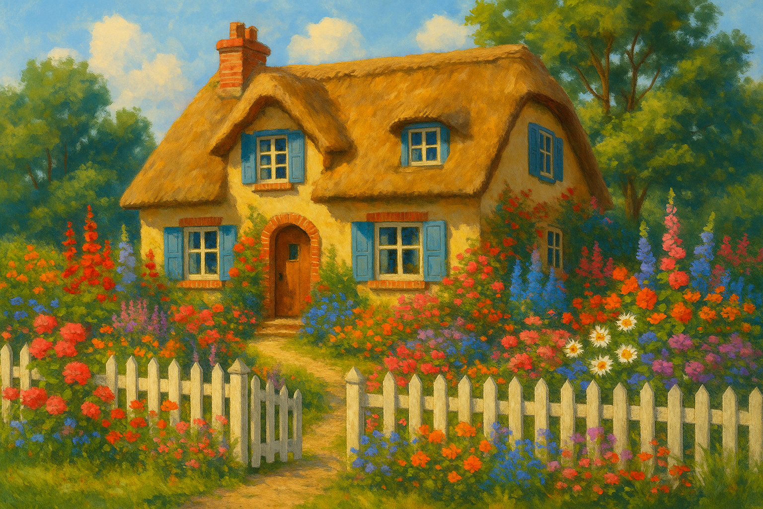 Digital art of a cottage house, rustic country home with charming details, colorful flower gardens and picket fence, cozy countryside atmosphere with traditional features, bright pastoral setting suitable for commercial use