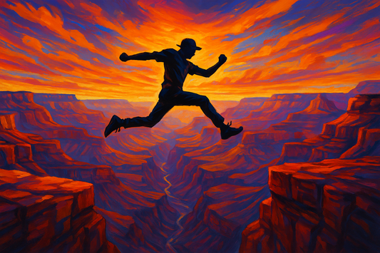 Digital art of a man jumping over the Grand Canyon