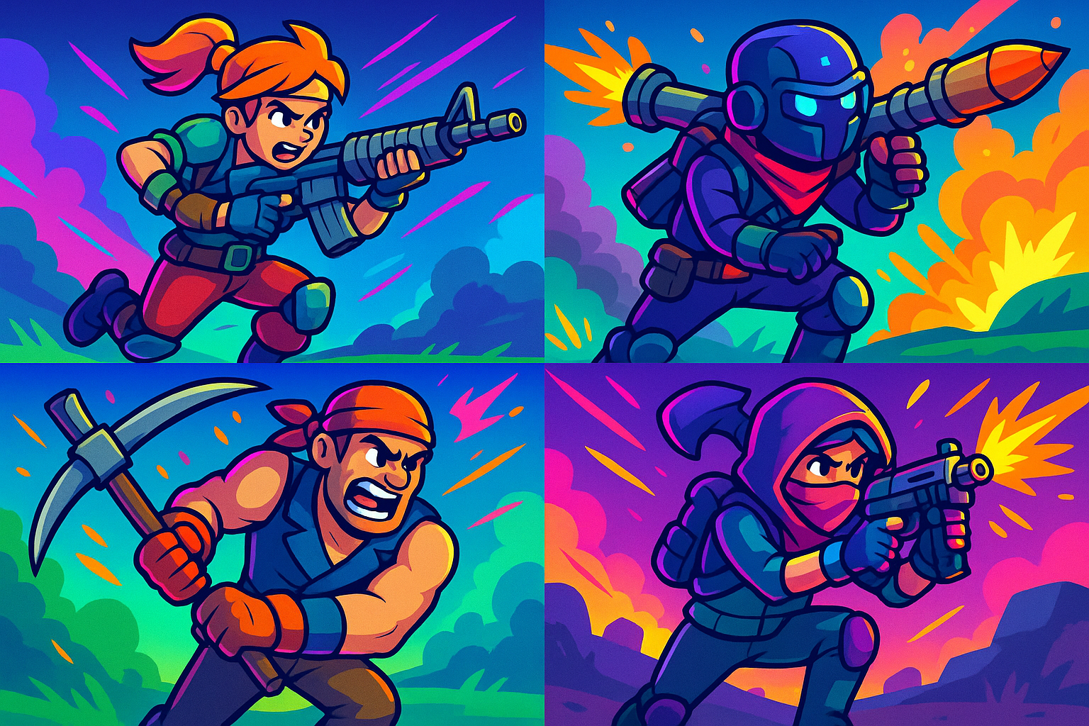 Digital art of battle royale game characters in different action scenes, cartoon-style warriors with colorful outfits and weapons, dynamic combat poses, vibrant gaming aesthetic with bright neon colors and bold character designs, suitable for commercial store use