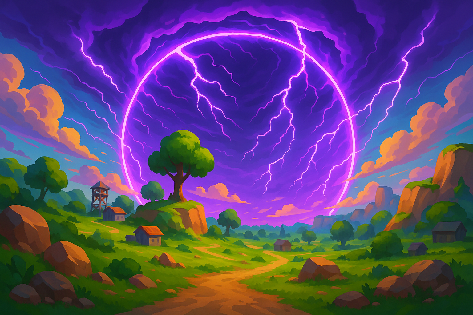 Digital art of battle royale landscape with storm effects, cartoon-style gaming environment with colorful terrain and dramatic sky, bright purple storm circle closing in, vibrant gaming world atmosphere, suitable for commercial gaming artwork