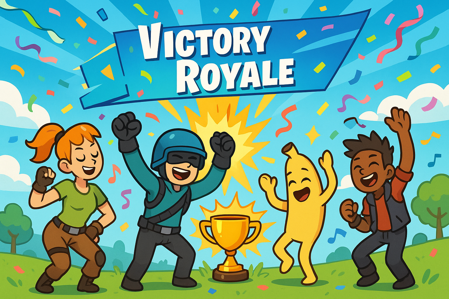 Digital art of battle royale victory celebration scene, cartoon-style characters dancing and celebrating, colorful victory effects and confetti, bright cheerful gaming atmosphere with trophy elements, suitable for commercial gaming products