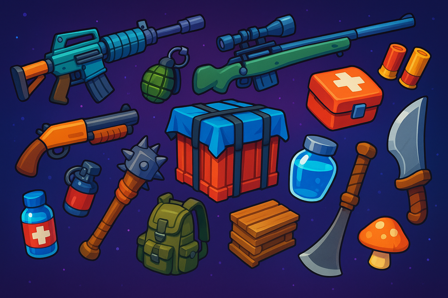 Digital art of battle royale weapons and items collection, colorful cartoon-style gaming equipment floating in space, bright vibrant colors with gaming aesthetic, various tools and power-ups arranged artistically, suitable for gaming store merchandise