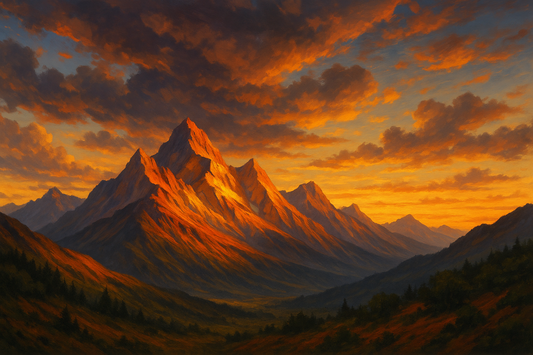 Digital art of mountain landscape at sunset, colorful peaks with golden hour lighting, dramatic sky with clouds and warm colors, peaceful nature scene suitable for commercial use
