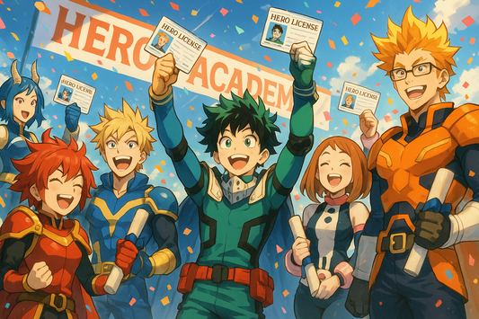 Digital art of superhero academy graduation ceremony, anime-style heroes receiving their licenses, colorful celebration scene with hero costumes and diplomas, bright triumphant atmosphere, suitable for commercial anime artwork