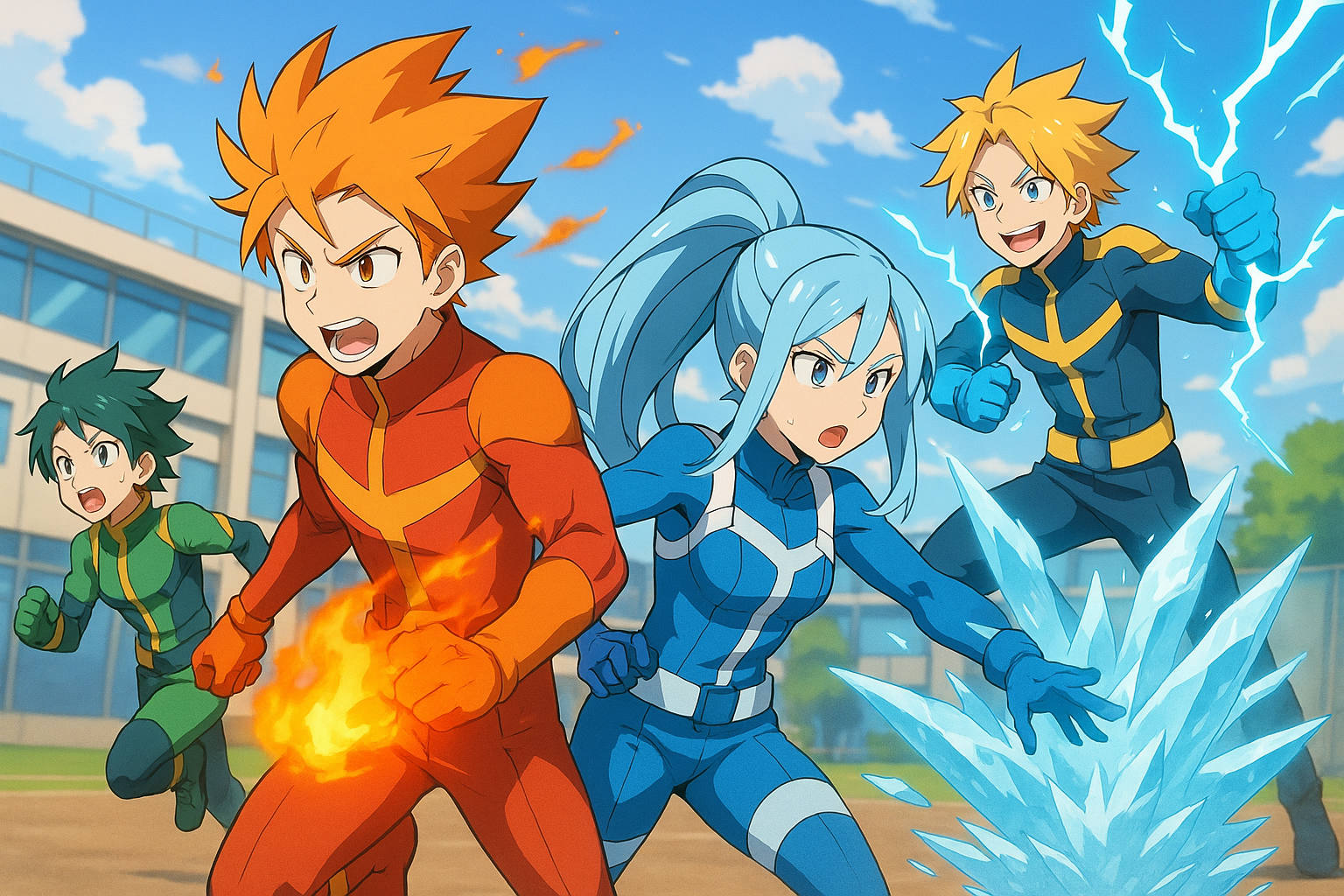Digital art of superhero academy students using their quirks and powers, anime-style characters with unique abilities like fire, ice, and lightning, colorful hero uniforms, training exercise scenes, bright heroic atmosphere suitable for commercial use