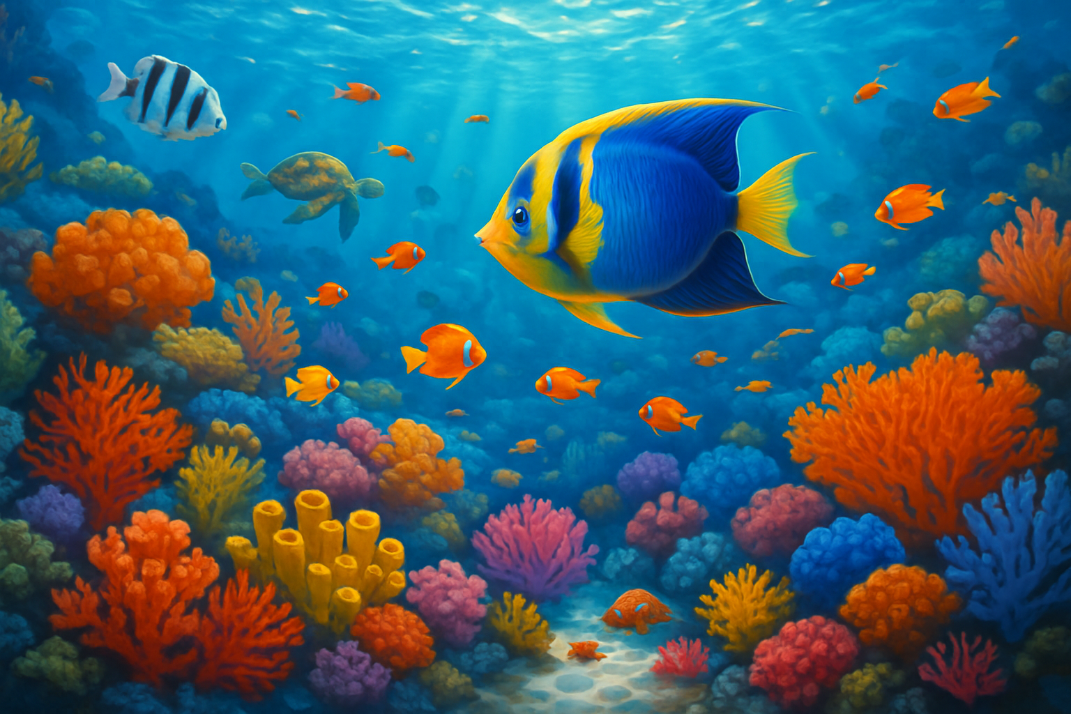 Digital art of underwater ocean scene, colorful coral reef with tropical fish and sea creatures, vibrant marine life in crystal clear waters, bright aquatic atmosphere suitable for commercial use