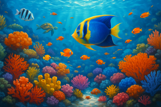Digital art of underwater ocean scene, colorful coral reef with tropical fish and sea creatures, vibrant marine life in crystal clear waters, bright aquatic atmosphere suitable for commercial use