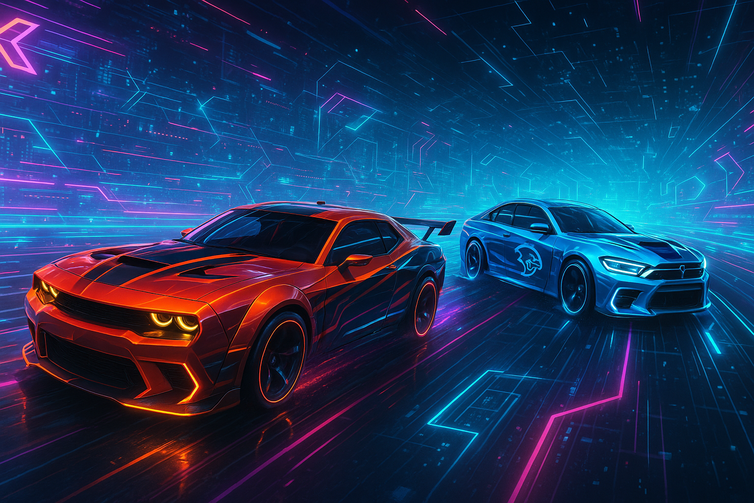 Digital art of virtual unique track hawks and hellcats vehicles
