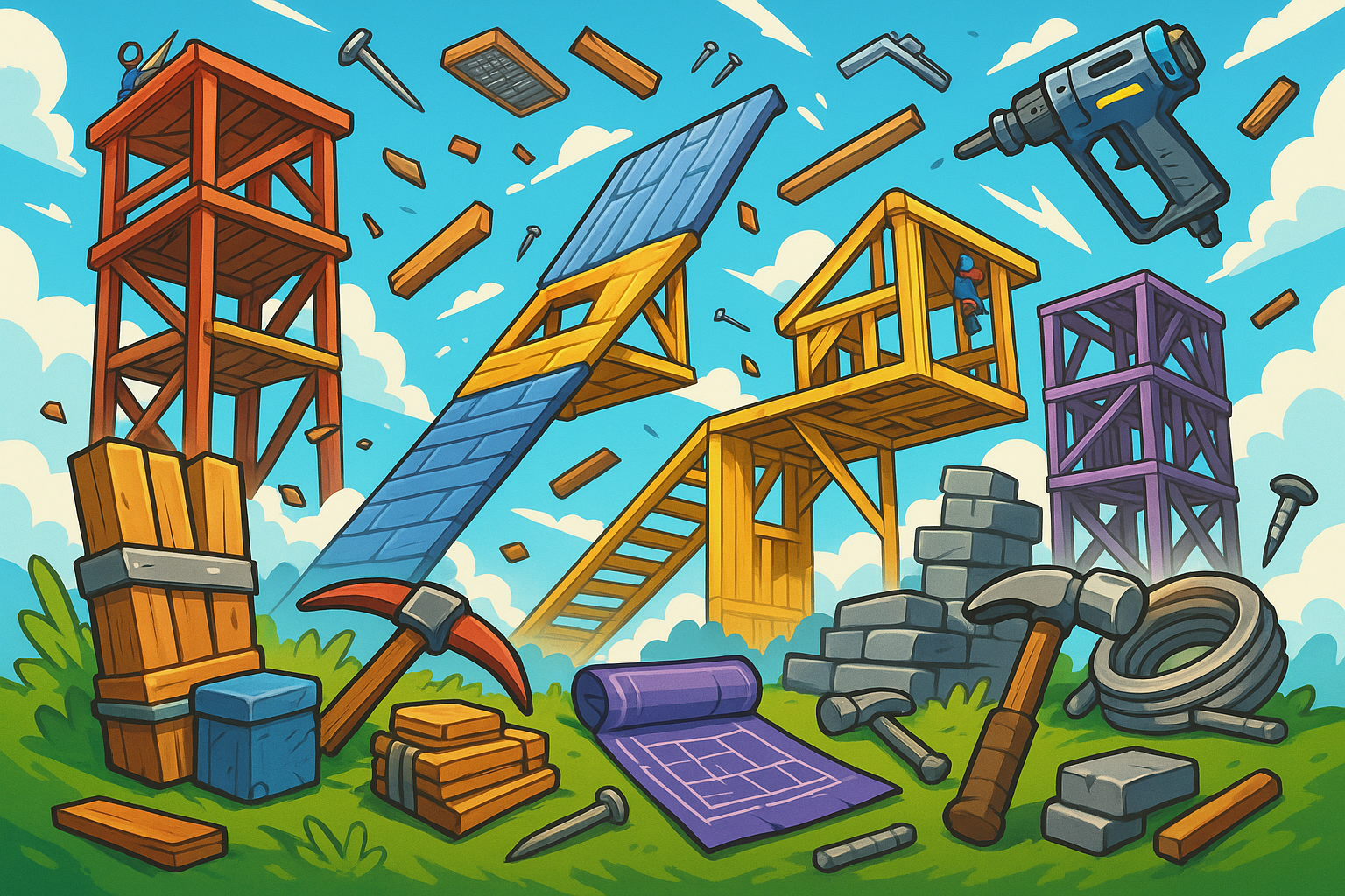 Digital artwork featuring battle royale building and construction elements, colorful cartoon-style structures being built in mid-air, gaming tools and materials scattered around, bright energetic atmosphere with construction theme, suitable for gaming merchandise