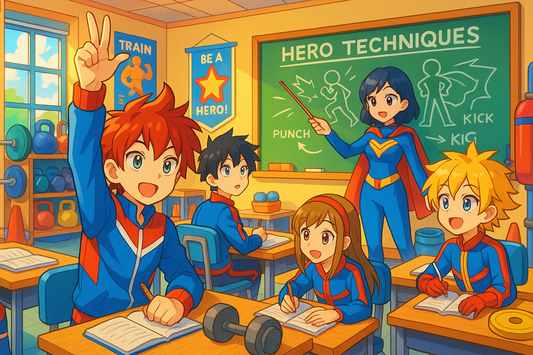 Digital artwork featuring superhero academy classroom scene, anime-style students learning hero techniques, colorful educational setting with hero training equipment, bright academic atmosphere with superhero themes, suitable for anime merchandise