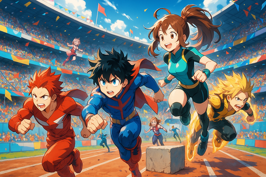 Digital artwork of superhero academy sports festival, anime-style characters competing in heroic challenges, colorful stadium setting with cheering crowds, dynamic competition scenes, bright energetic atmosphere suitable for anime fans