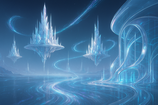 Exclusive futuristic digital art with crystalline cities and holographic architecture