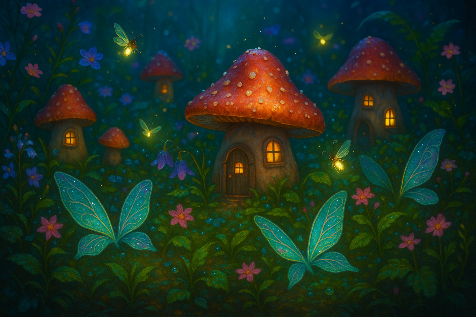 Magical fairy garden with mushroom houses