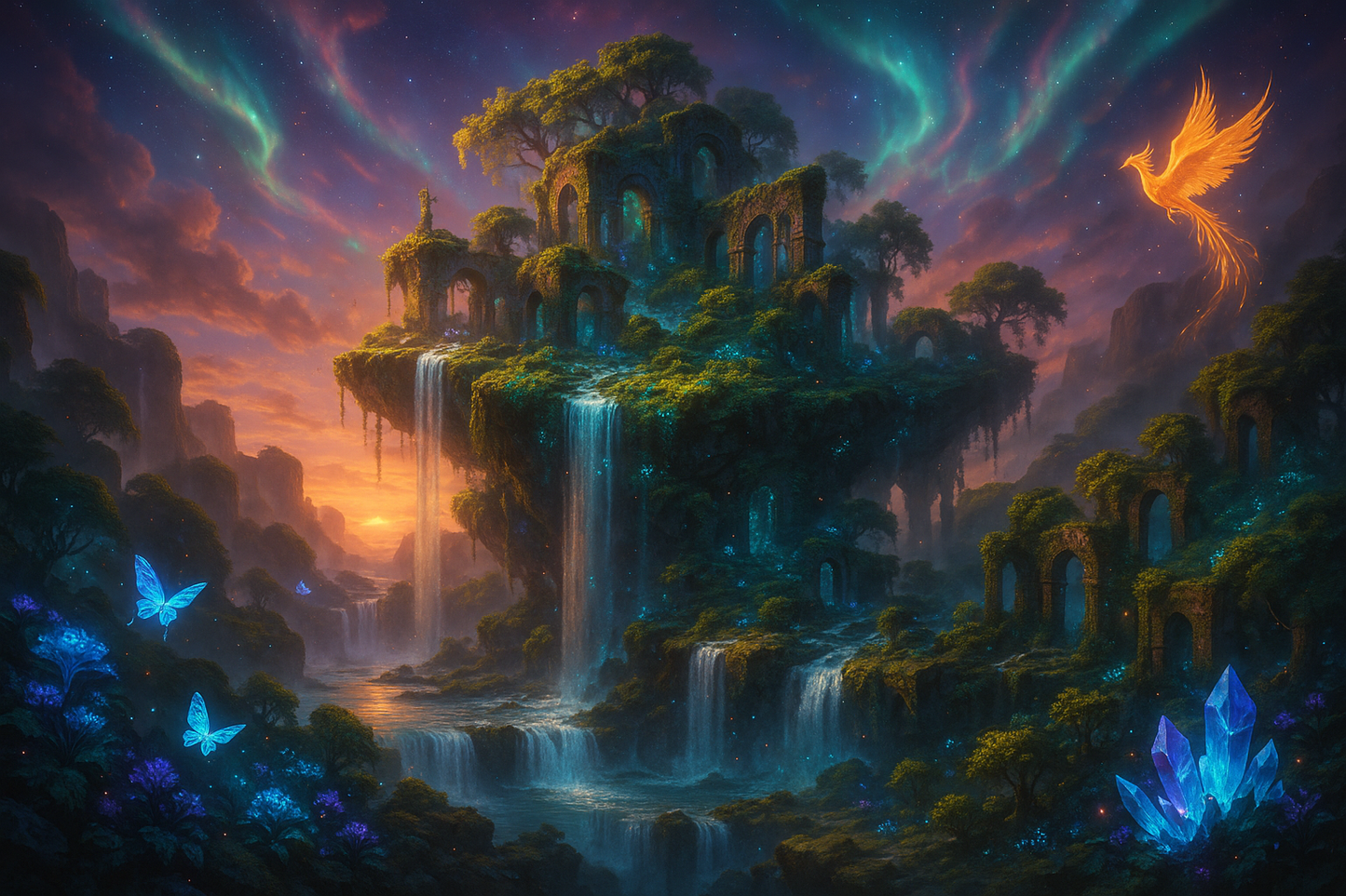Mystical floating island paradise with waterfalls and magical creatures