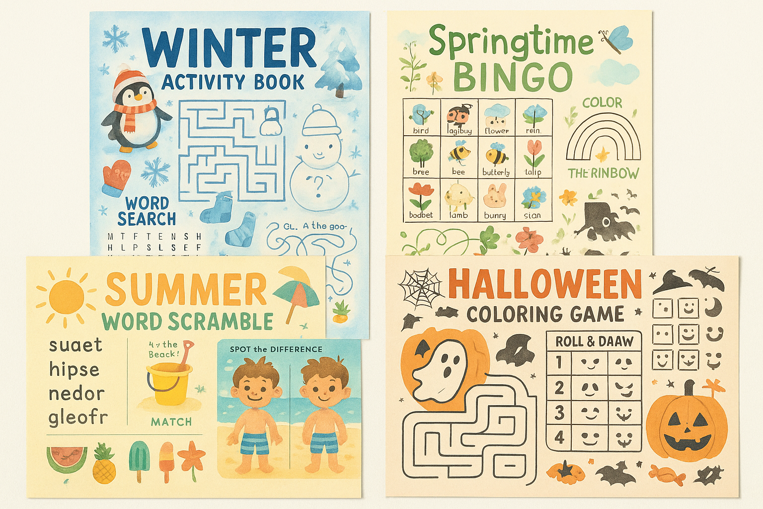 Seasonal and themed printable games with holiday activities, nature puzzles, and creative coloring games in watercolor and hand-drawn styles