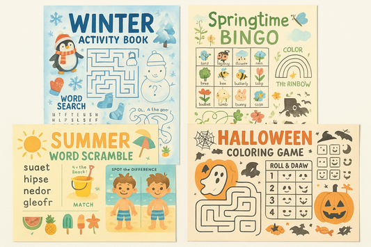 Seasonal and themed printable games with holiday activities, nature puzzles, and creative coloring games in watercolor and hand-drawn styles