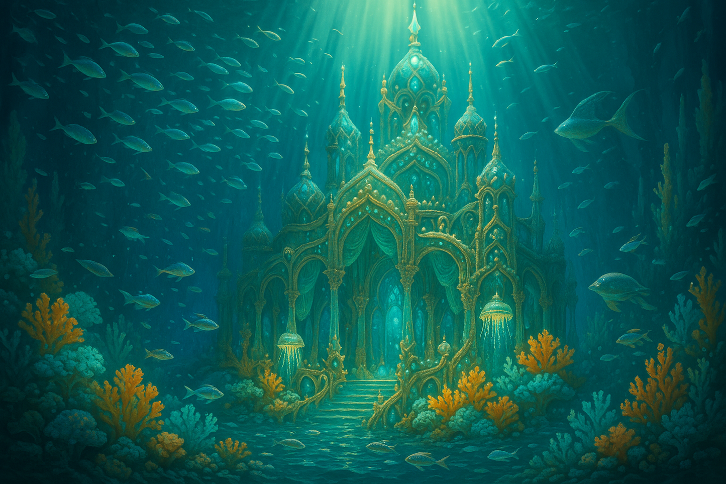 Underwater crystal palace with bioluminescent coral gardens