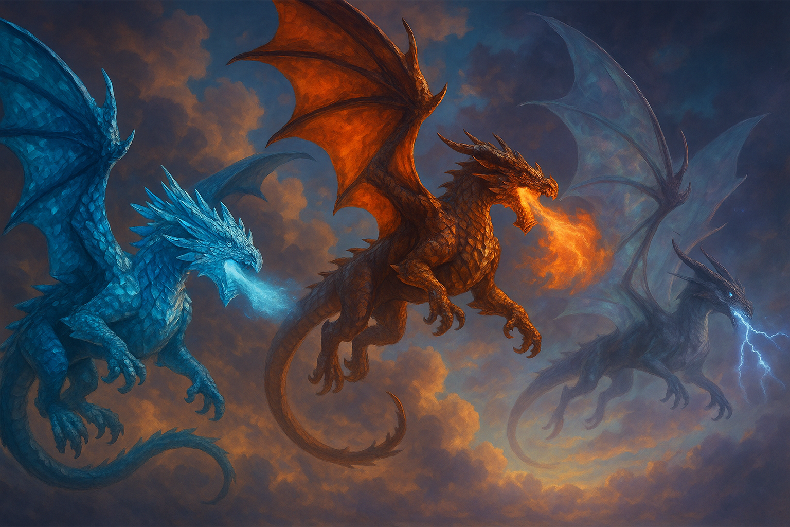 Unique dragons flying digital art