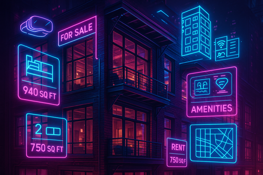 Urban loft with cyberpunk virtual marketplace elements