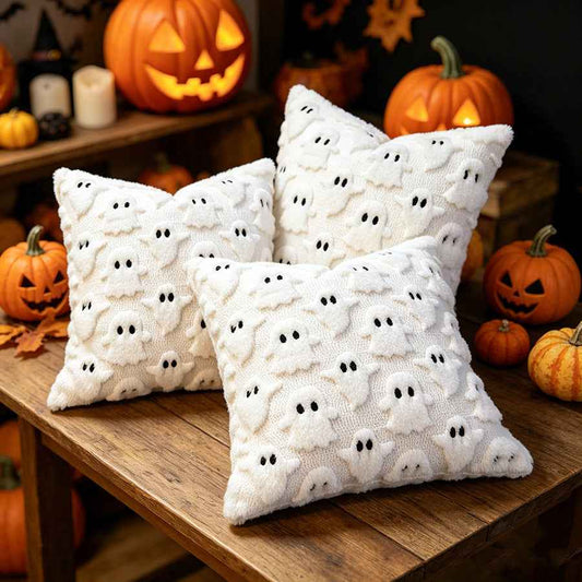18x18 Inch Halloween Pillow Covers Set Of 2, Beige Ghost Pumpkin Skeleton Plush Faux Fur Cushion Case For Couch Bedroom Home Decor