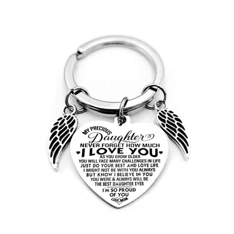 Dad Mom To My Daughter Heart Pendant Keychain Angel Wings Inspirational Letter Key Chain