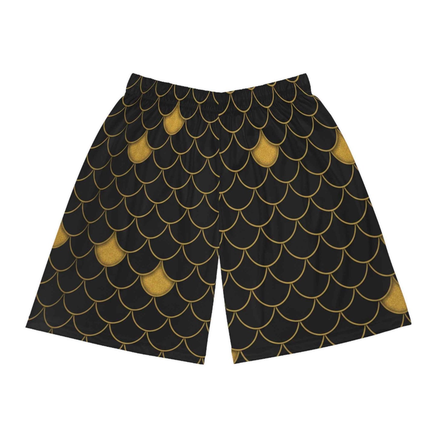 Gold Scale Pattern Basketball Shorts — Black & Metallic All-Over Print