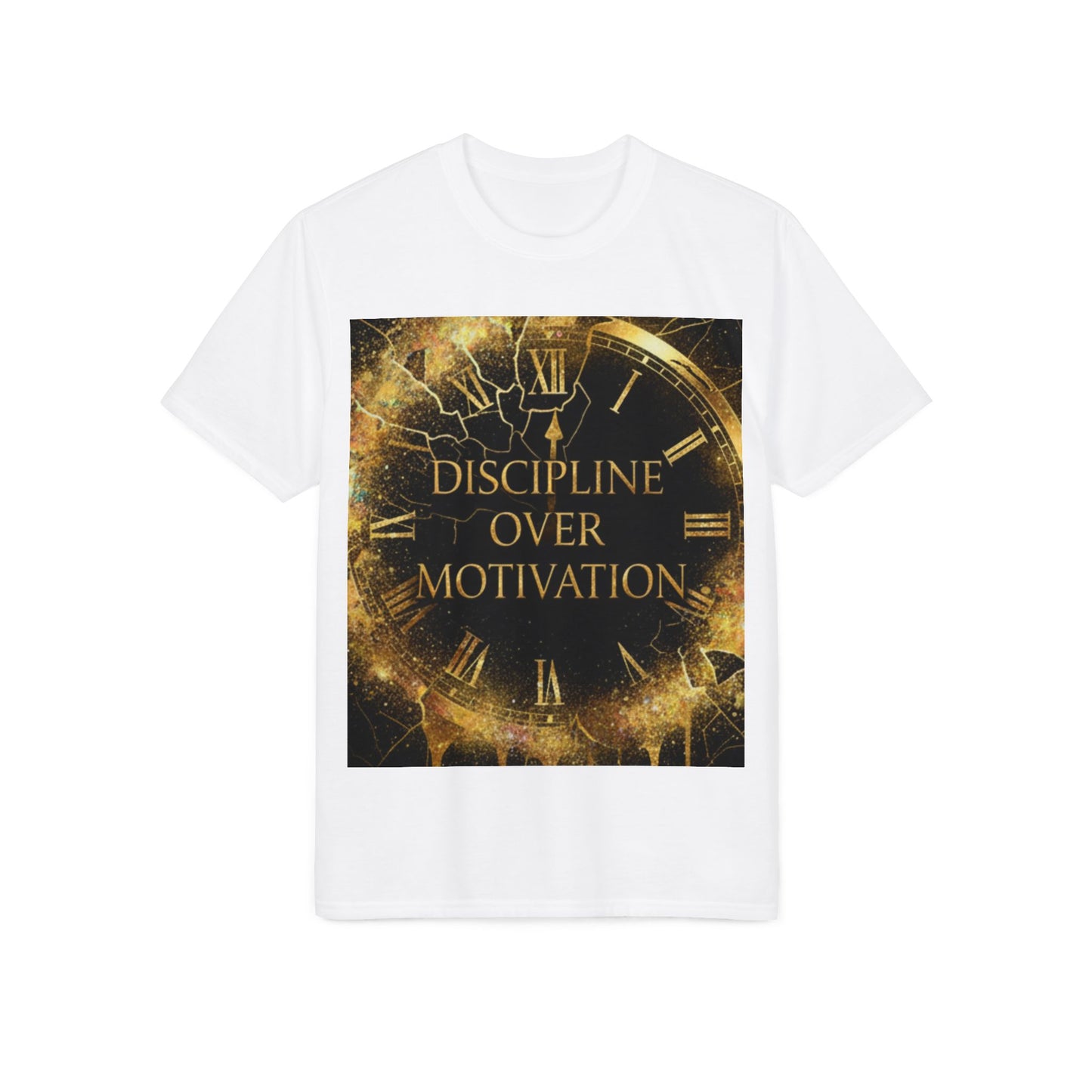 Discipline Over Motivation T-Shirt — Motivational Fitness Tee with Gold Clock Design