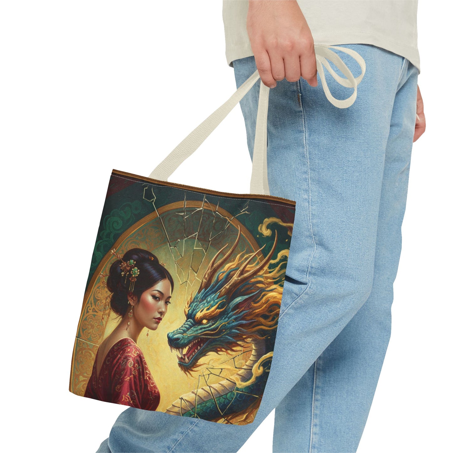 Asian Dragon Muse Tote Bag — Fantasy Art Dragon & Geisha Illustration AOP