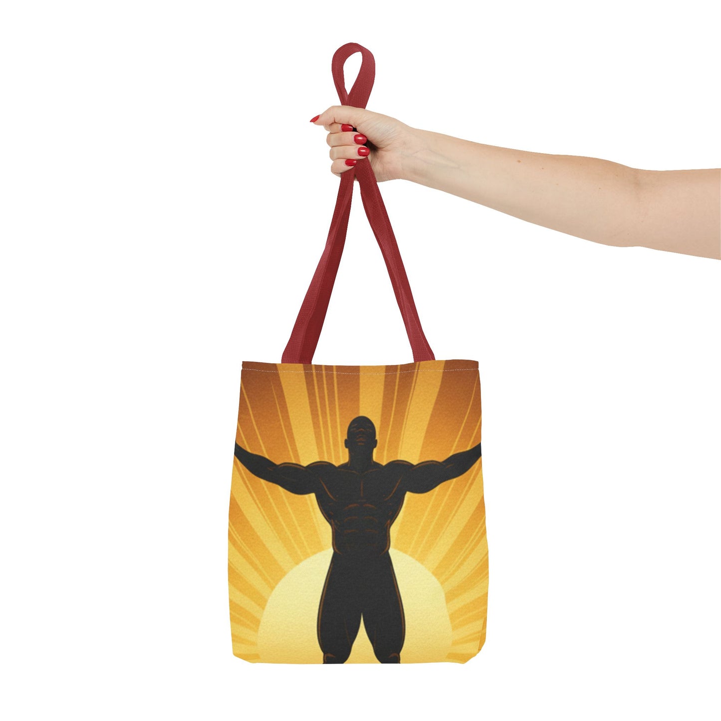 Sunrise Strength Tote Bag – Muscular Silhouette Graphic Beach & Gym Tote