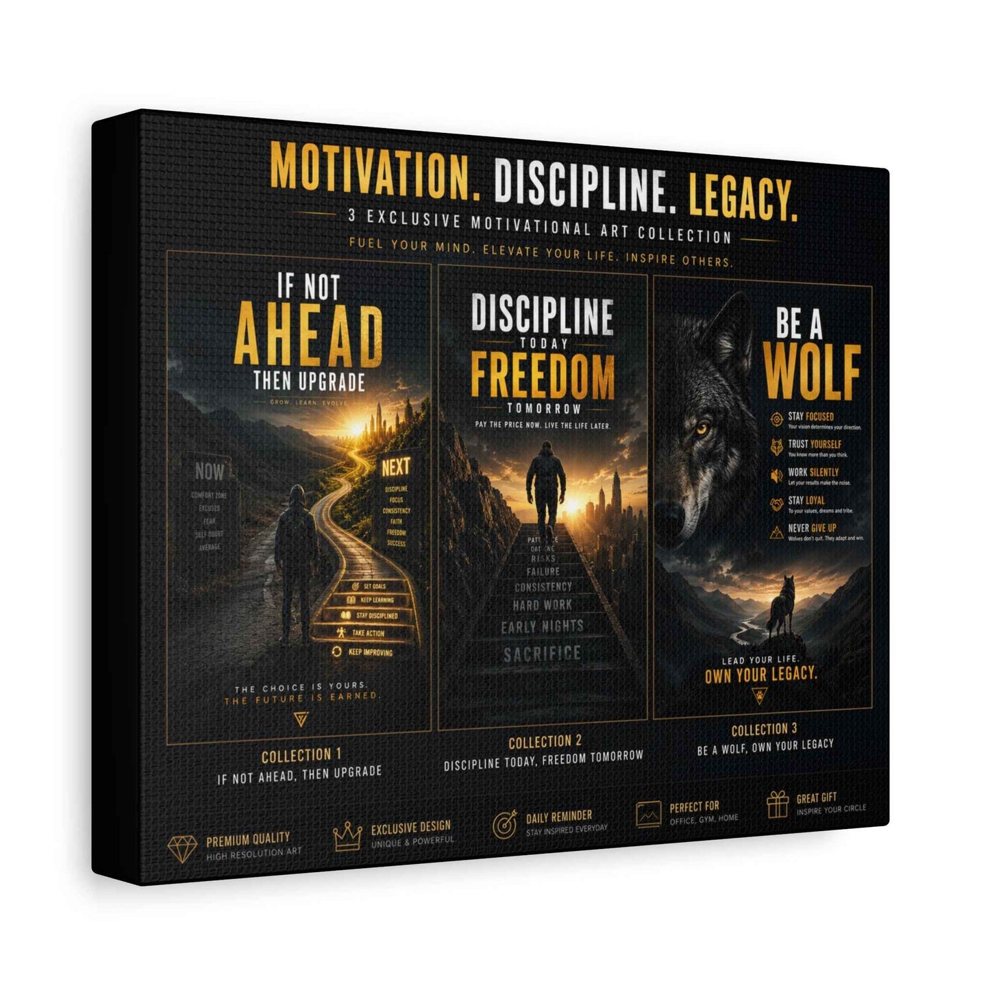 Motivation. Discipline. Legacy. — Inspirational Wall Canvas with 'Be a Wolf' & 'Discipline Equals Freedom' Posters