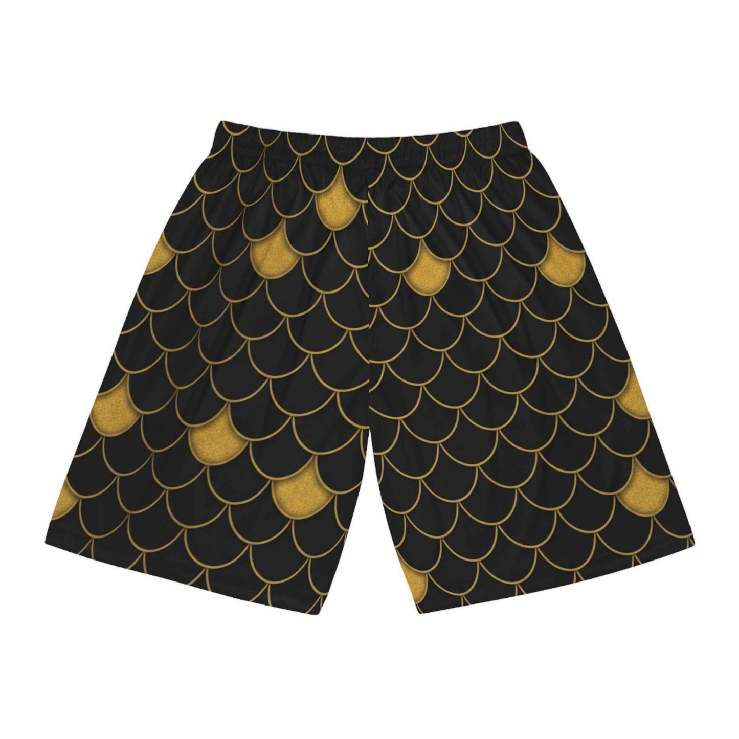 Gold Scale Pattern Basketball Shorts — Black & Metallic All-Over Print